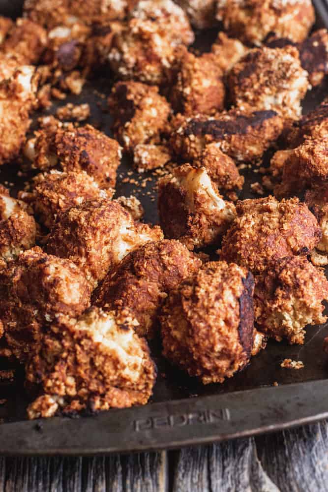 Close-up of baked cauliflower florets in red sauce