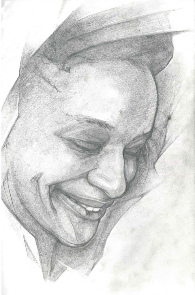 Charcoal portrait of a smiling face with eyes looking down