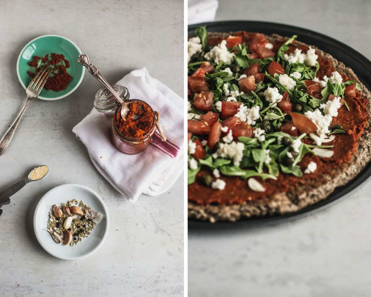 Side by side photo of the marinara sauce in a pot and the garnished pizza