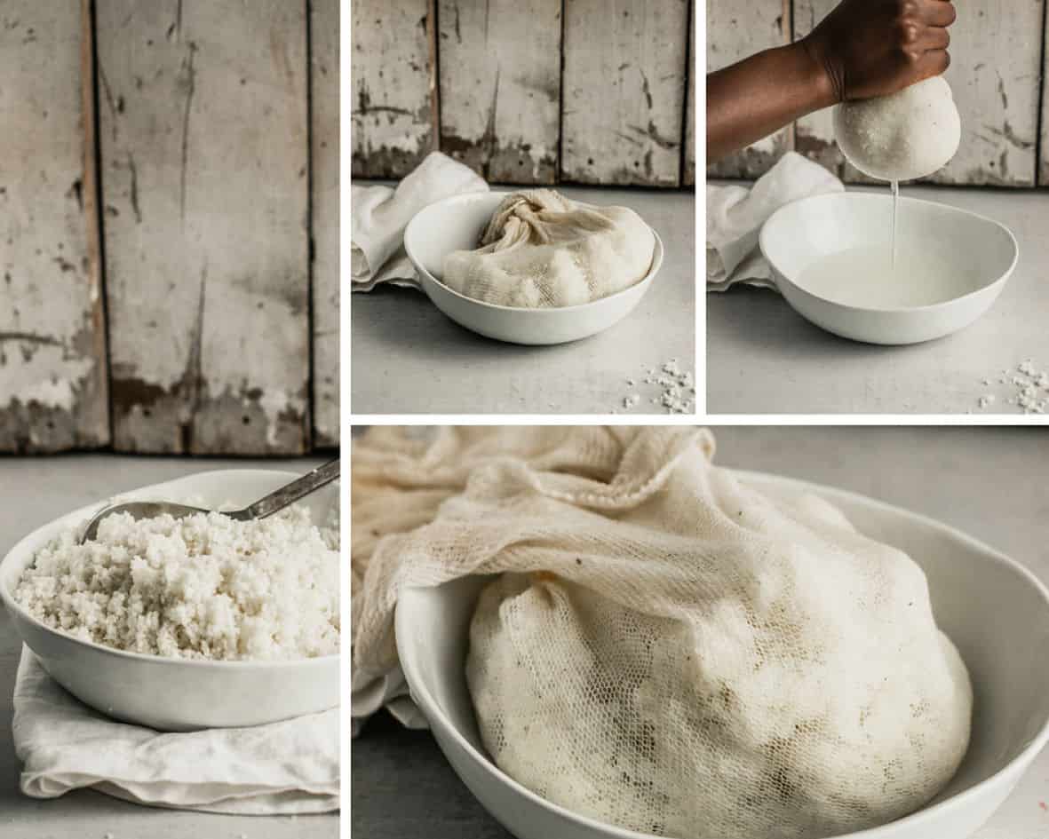Collage of 3 photos: from left to right - cauliflower-based pizza dough with a ball of cauliflower rice on top; cauliflower dough in a bowl; cauliflower rice on top; cauliflower dough shaped into a ball