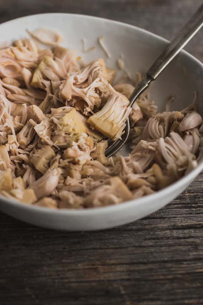 Shredded jackfruit in a white bowl