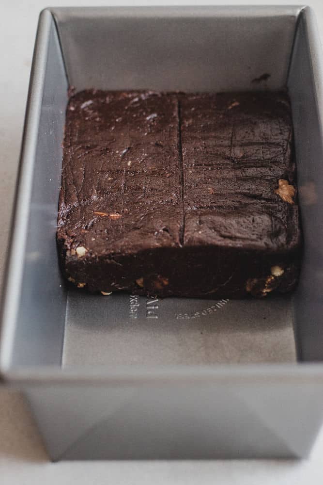 Brownie dough in a rectangular baking pan