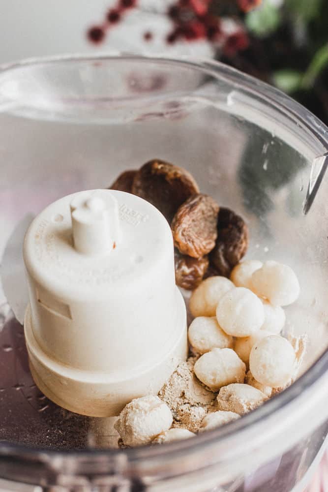 A close-up of dried apricots, macadamia nuts, and maca in a food processor bowl