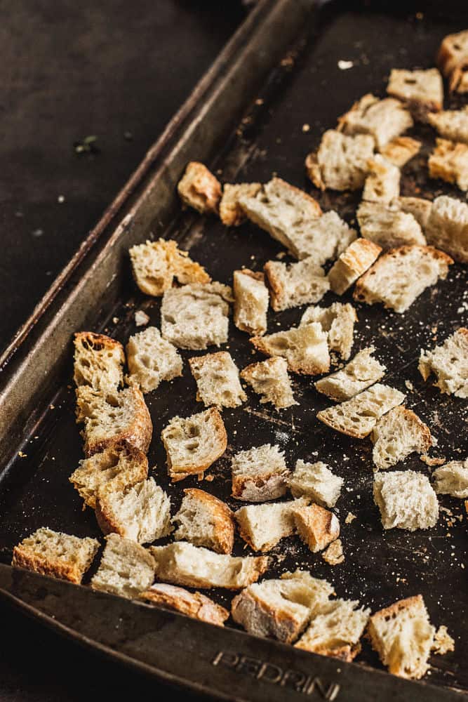 Croutons on a baking sheet