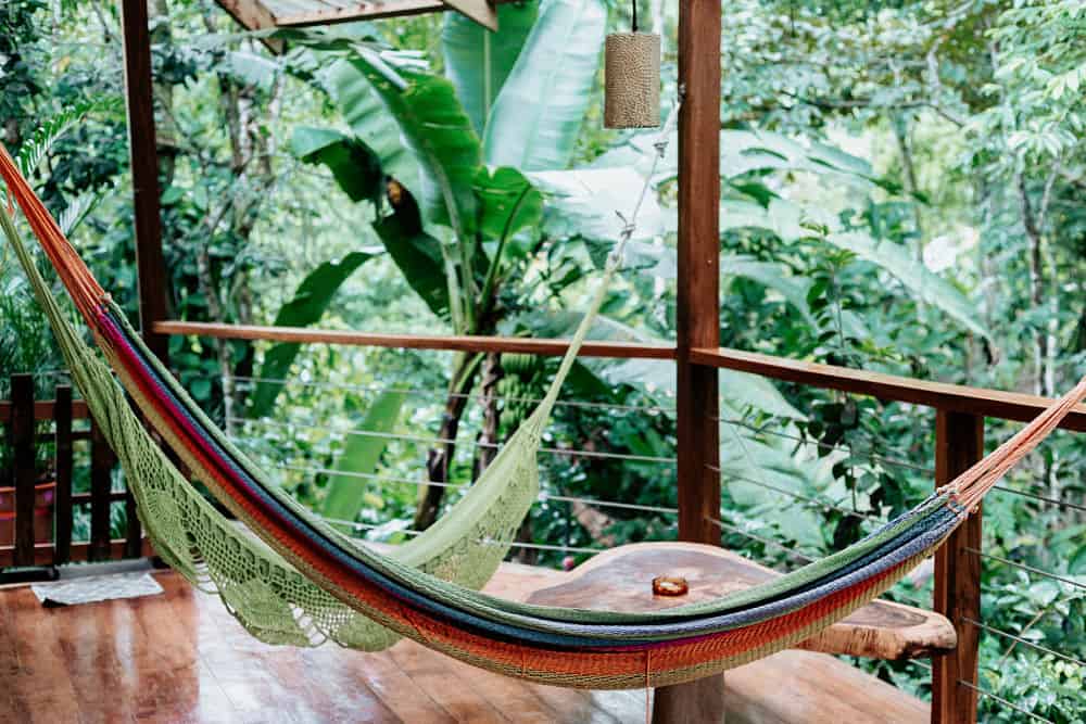 Two hamacs on a wooden balcony facing tropical trees