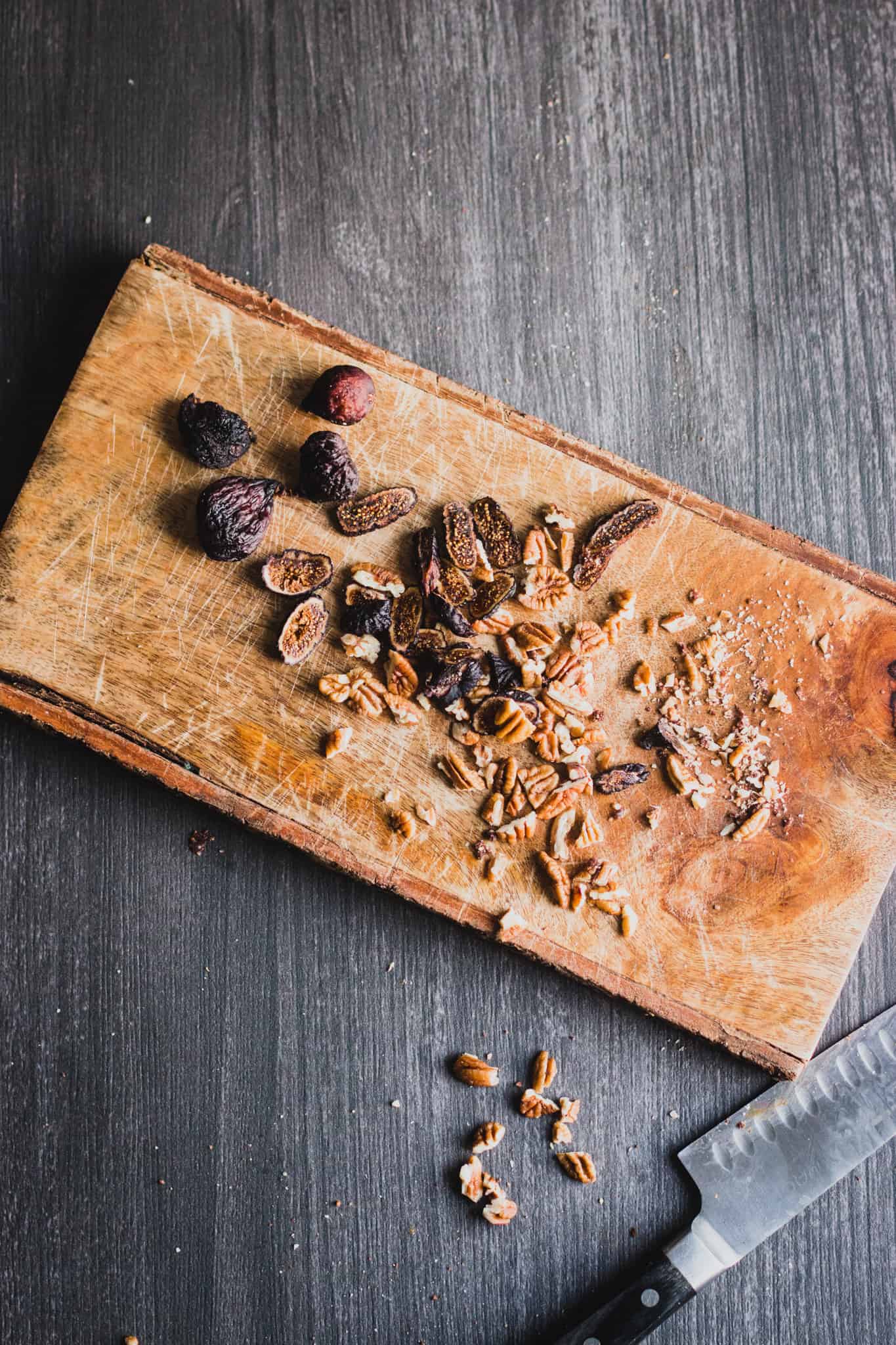 Top view of chopped dried figs and walnuts