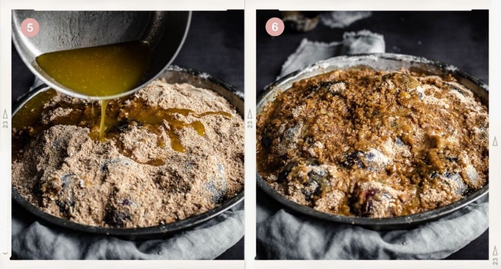 Photo collage of fours photos showing how to make the plum crumble topping