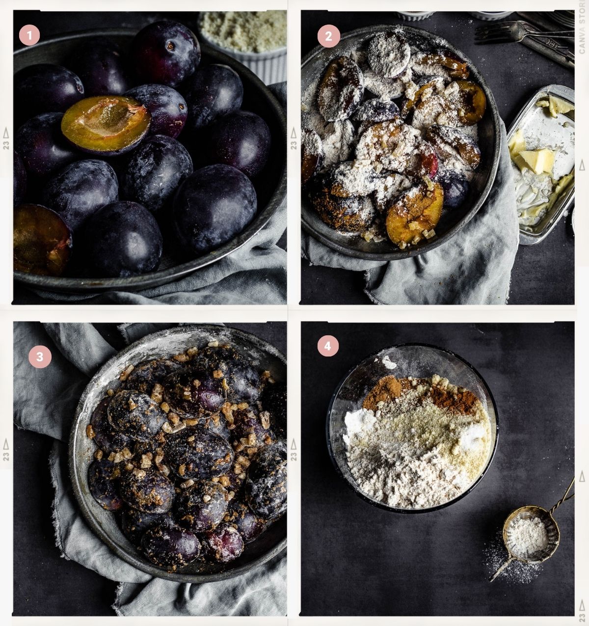 Montage de quatre photos montrant comment faire le crumble aux prunes