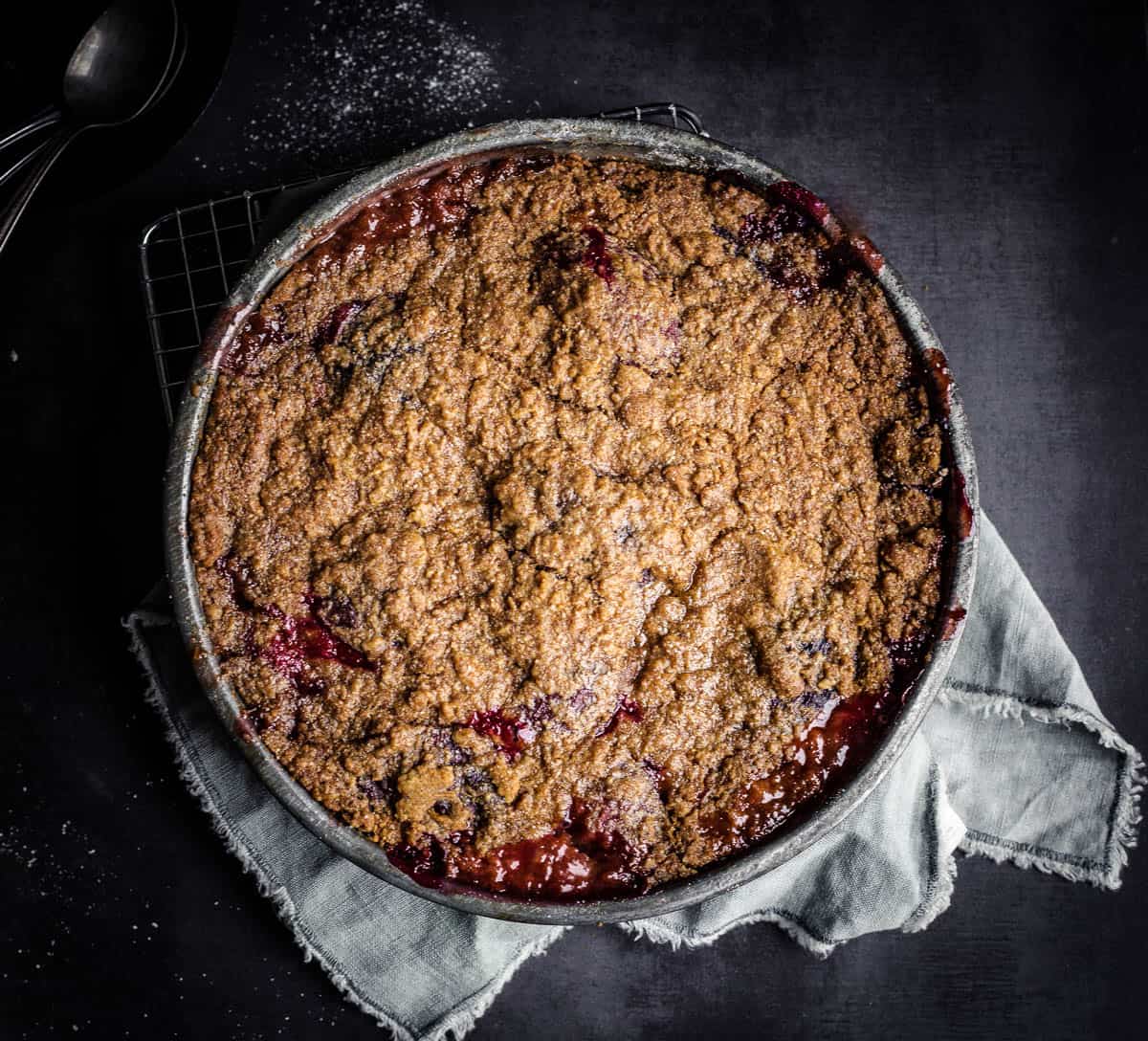 Top view of plum crumble