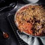 Prune crumble, slice taken off, with juices