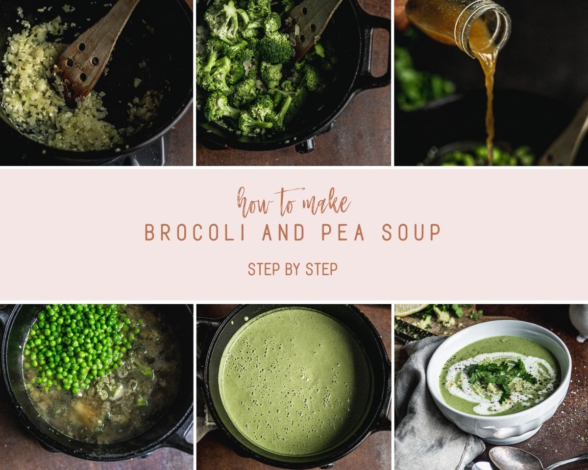 Photo collage with six photos showing how to make the broccoli and pea soup