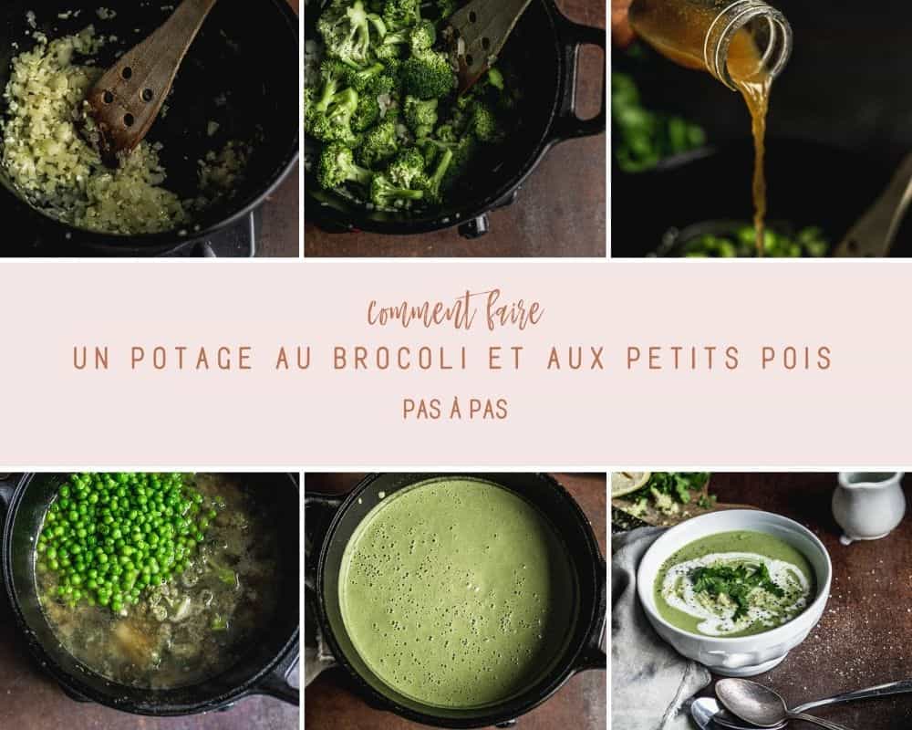 Montage de photos avec six photos montrant comment faire le potage aux brocoli et aux petits pois