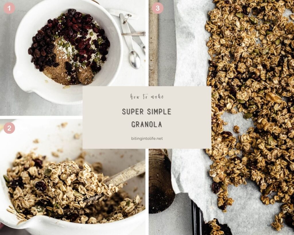 Montage of three photos showing the process of making granola: combining ingredients, mixing, and spreading out on the baking sheet lined with parchment paper