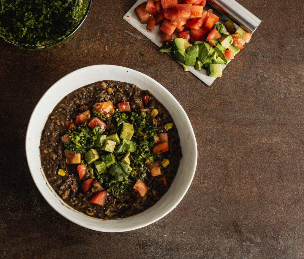 Black bean soup in a bowl.