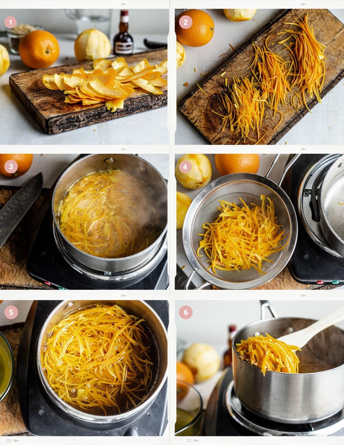 Montage showing step by step process of making the candied orange zest