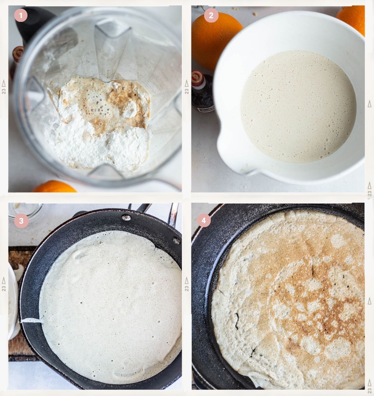 Montage of four photos showing the process of making the crepe Suzette batter step by step