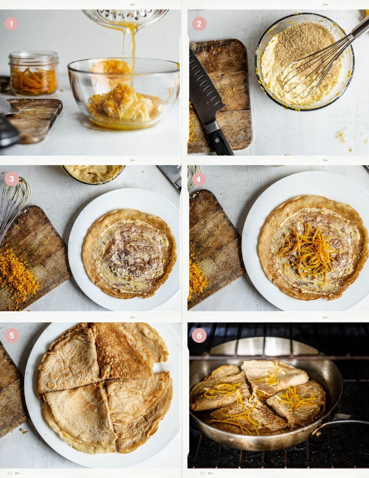 Montage showing a step by step process of finishing the Crêpes Suzette