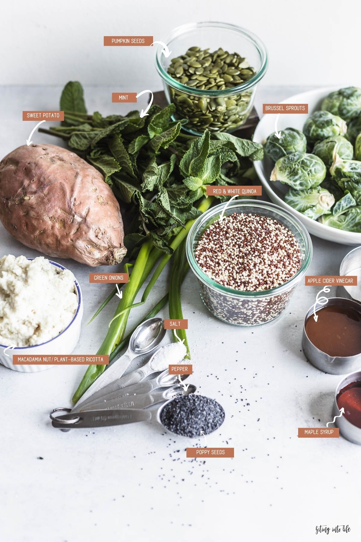 Ingredients for the Roasted Sweet Potato, Brussels Sprout, and Quinoa Salad