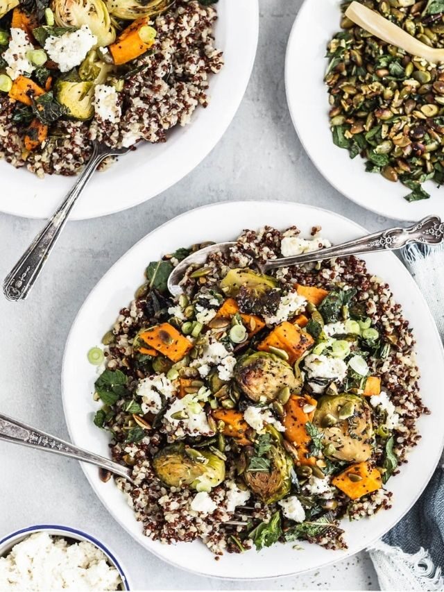 Maple-Glazed Roasted Sweet Potatoes with Charred Brussels Sprouts and Quinoa
