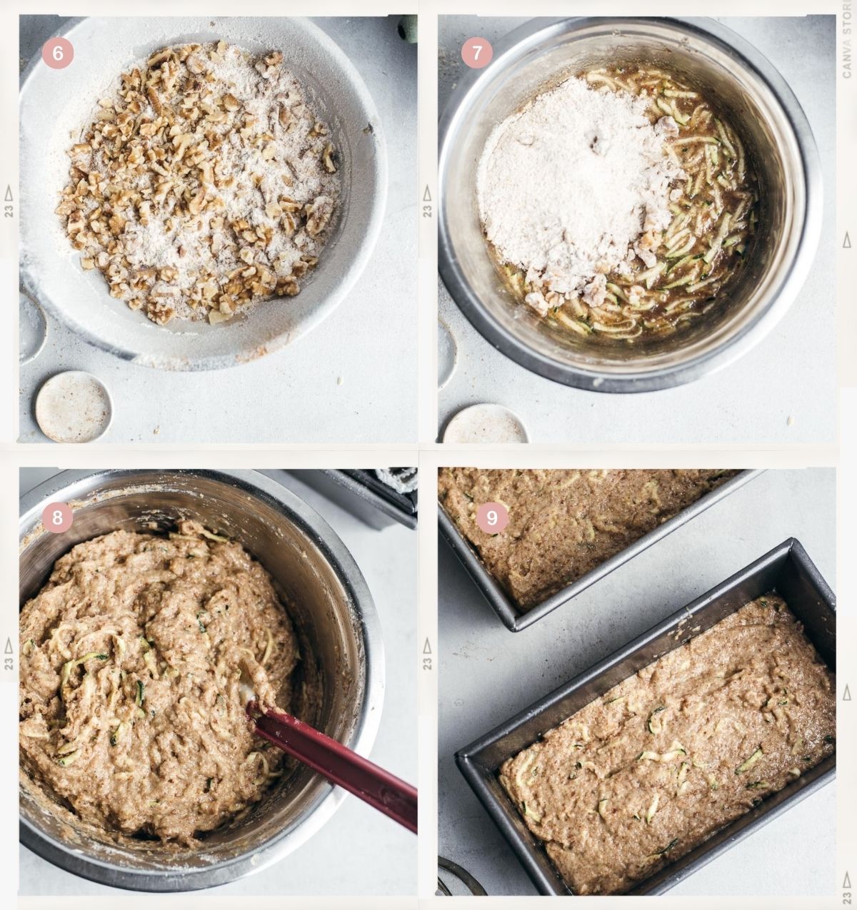 Collage of four photos showing the process of making vegan zucchini bread step by step