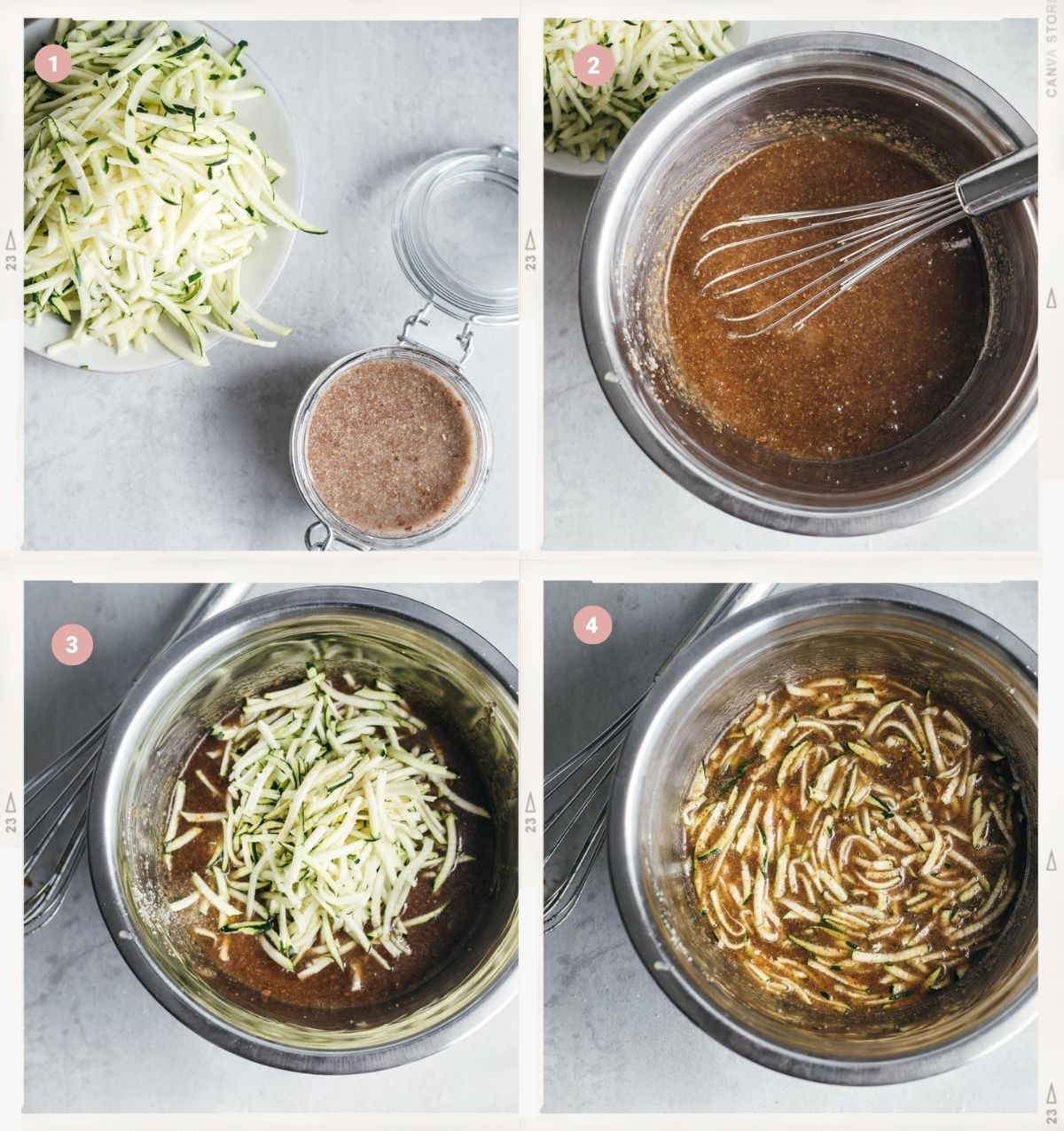 Collage of four photos showing the process of making vegan zucchini bread step by step