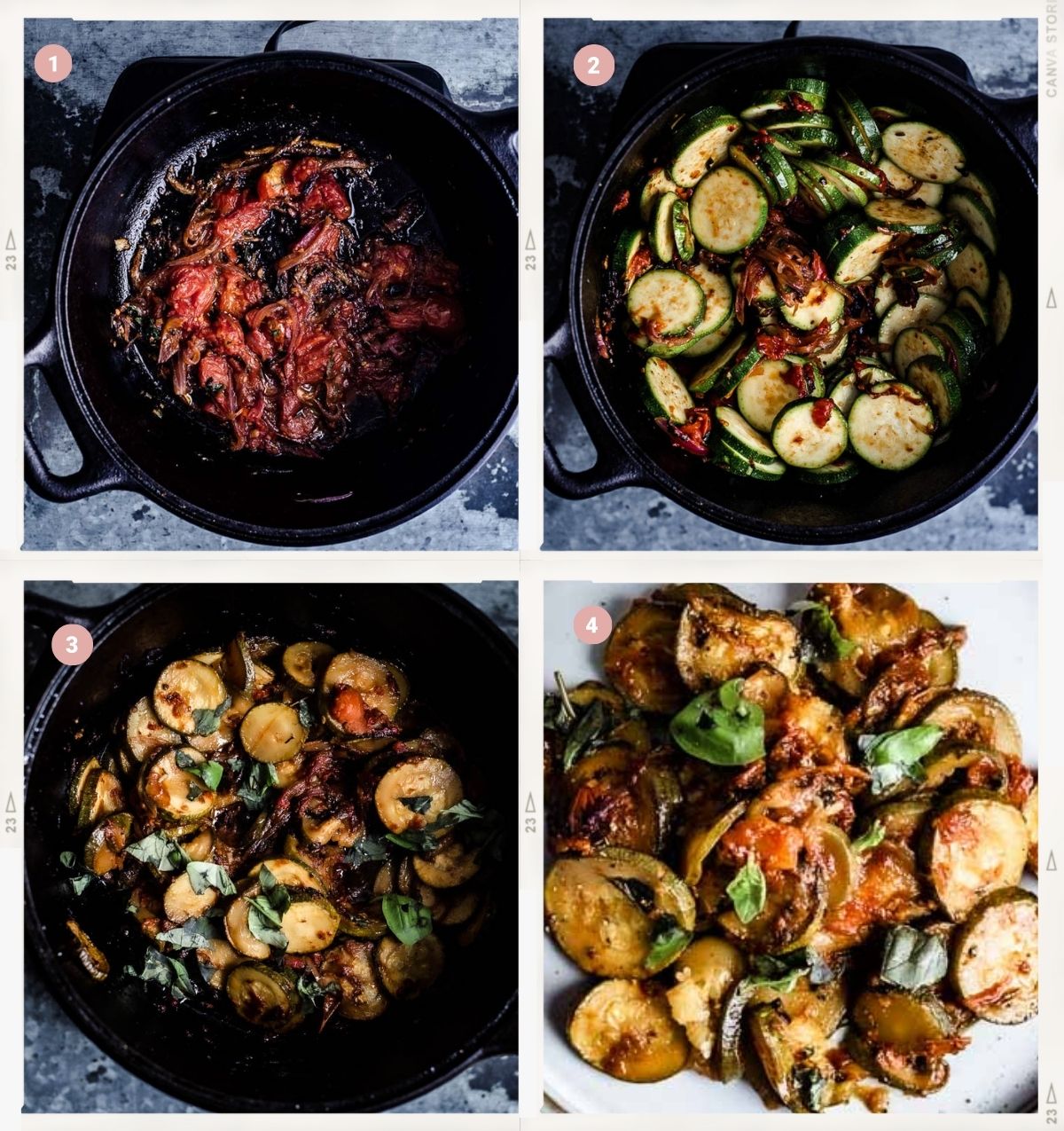 Montage de quatre photos montrant le processus de la recette de courgette avec tomate et basilic étape par étape