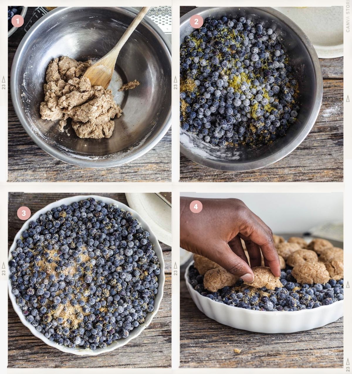 Four-step photo collage showing how to make vegan blueberry cobbler