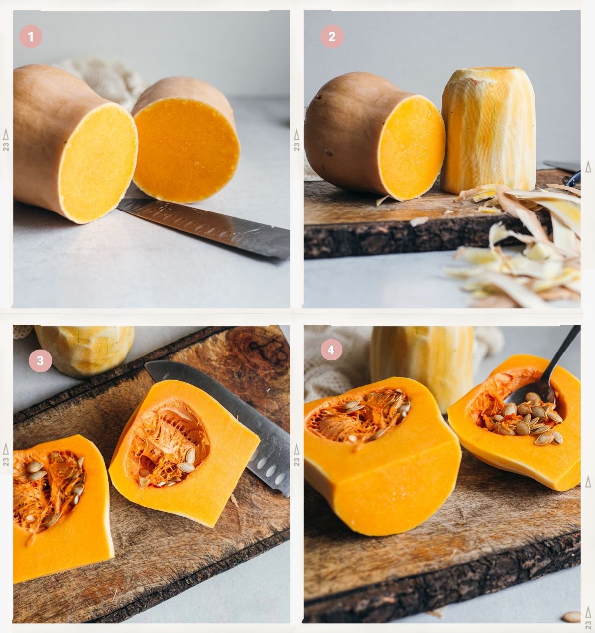 Four photo-collage showing how to cut butternut squash step by step