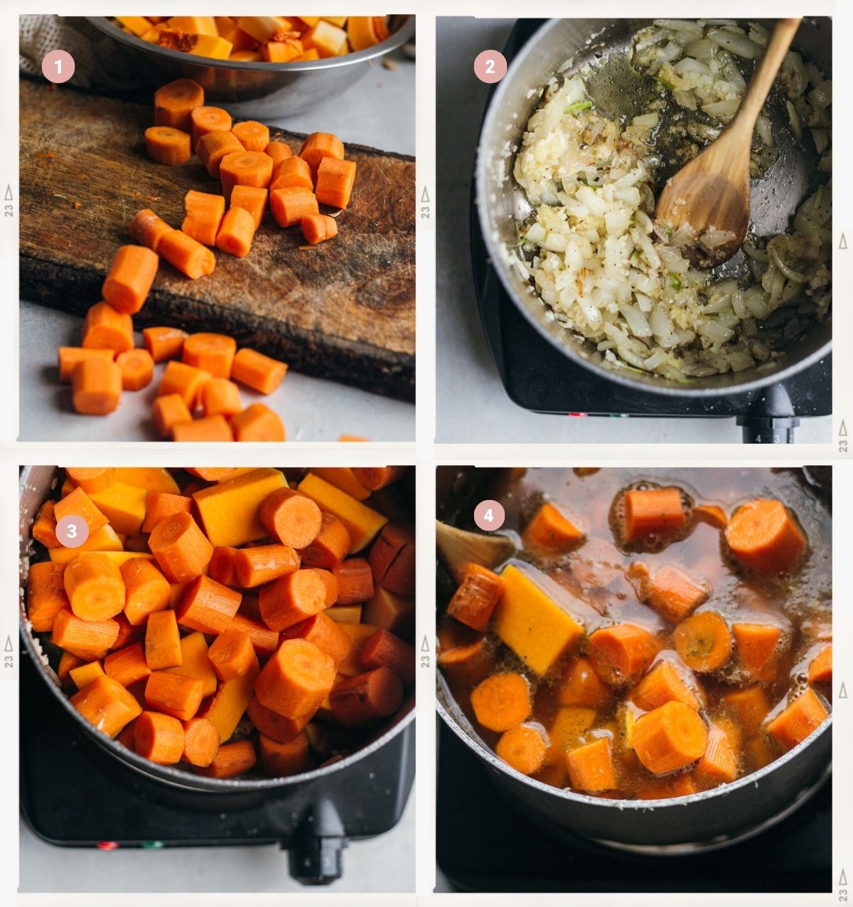 Four photo-collage showing how to make the soup butternut squash with carrots and ginger step by step