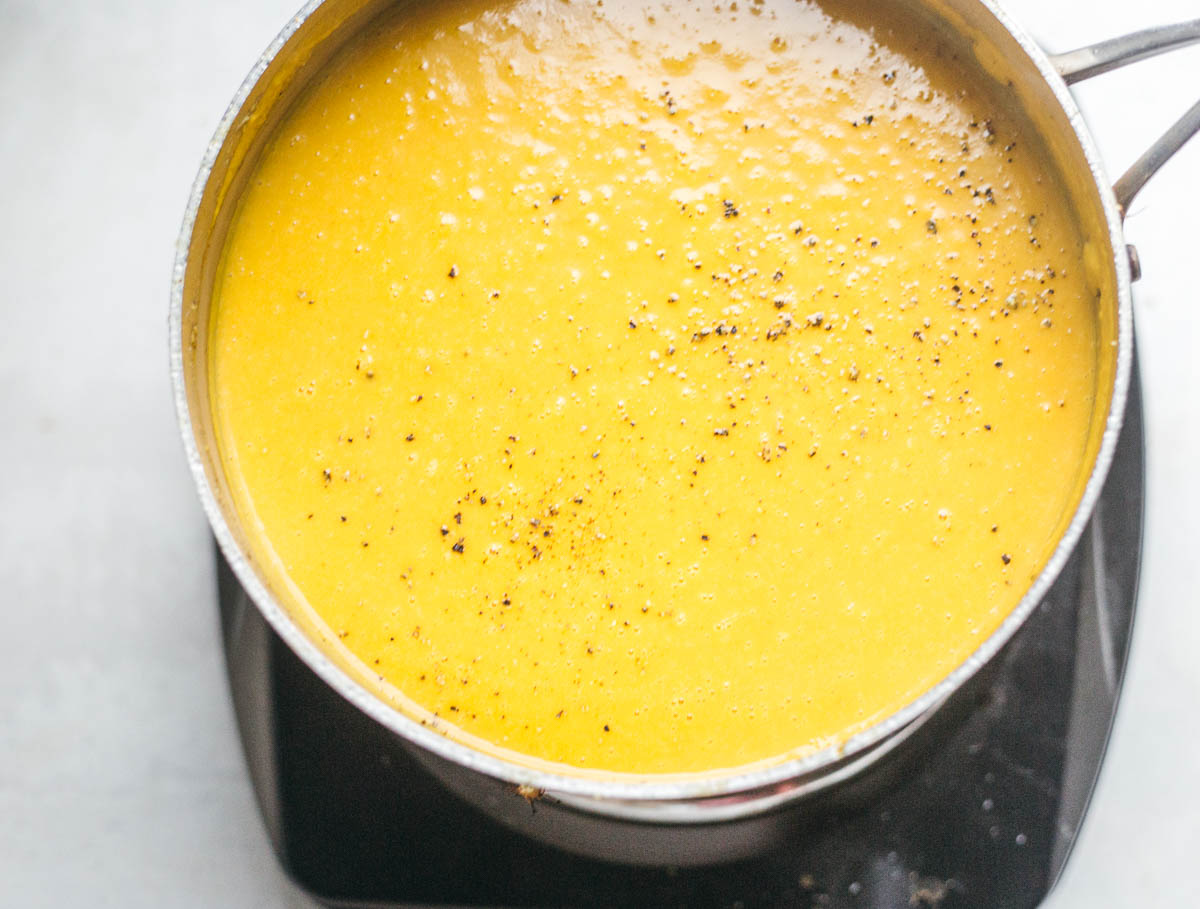 Butternut carrot ginger soup in the saucepan