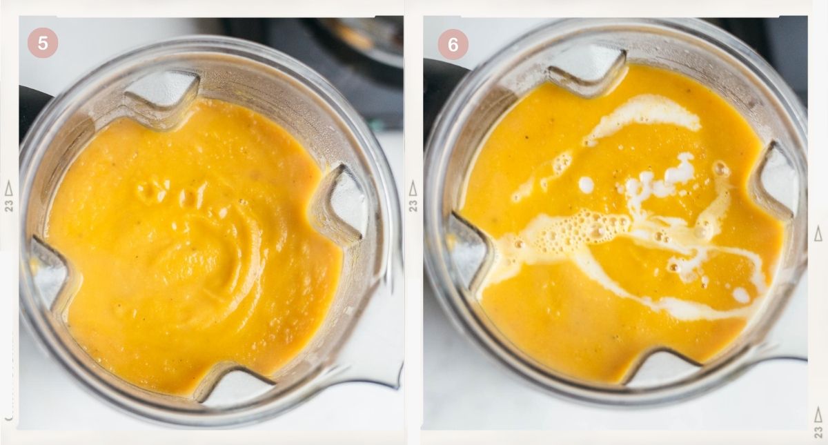 Two-photo collage showing how to finish butternut squash soup with carrots and ginger step by step