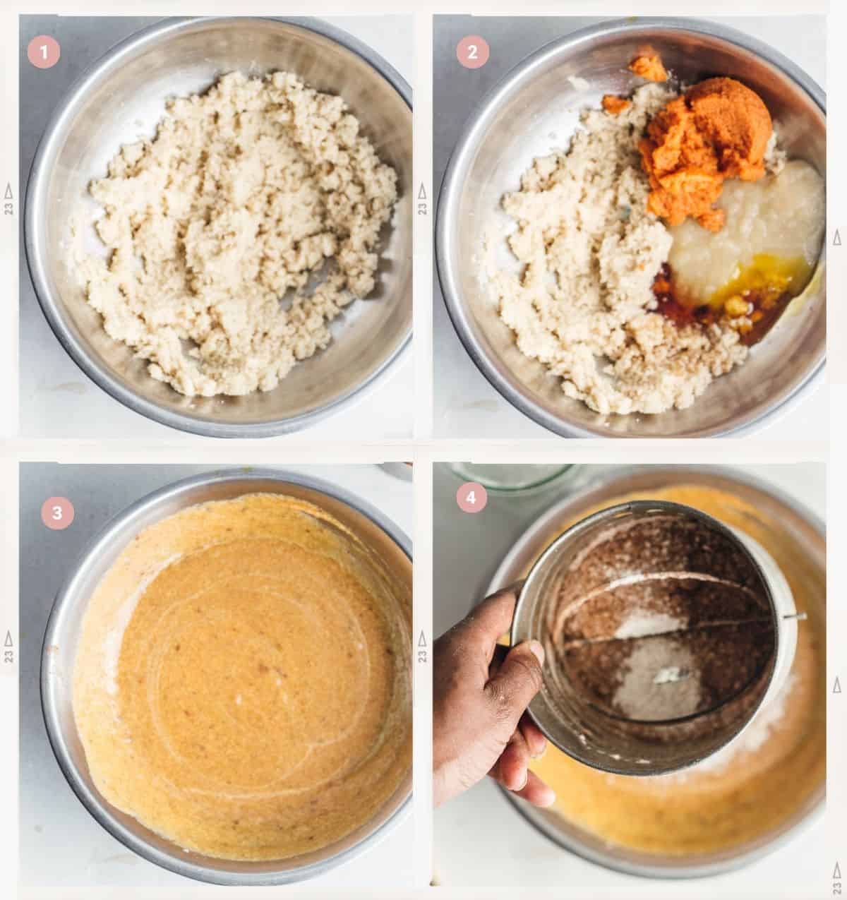 Four-photo collage showing how to make vegan pumpkin brownies step by step