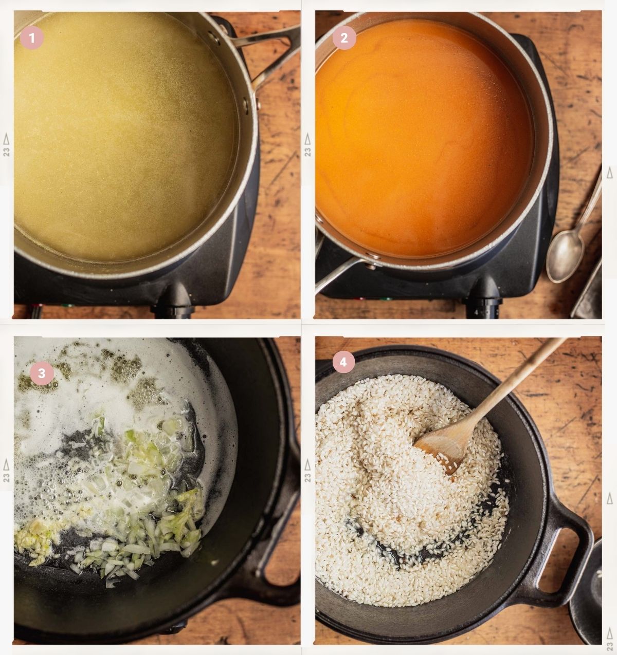 Montage de quatre photos montrant comment faire la base aromatique du risotto végétalien à la citrouille pas à pas