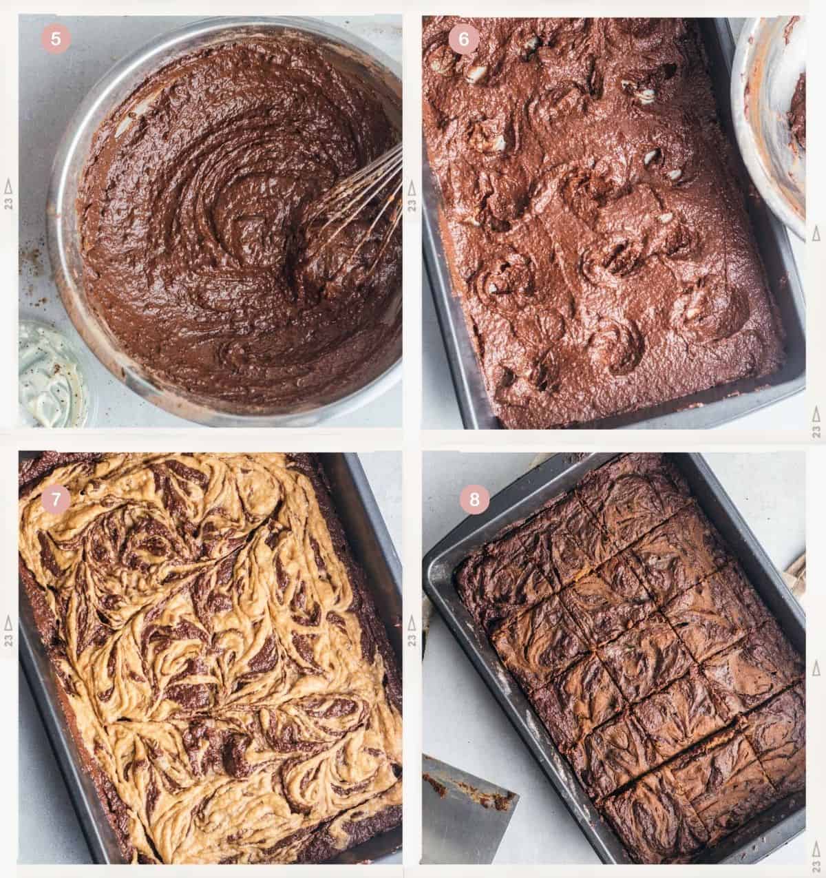 Four-photo collage showing how to make vegan pumpkin swirl brownies step by step