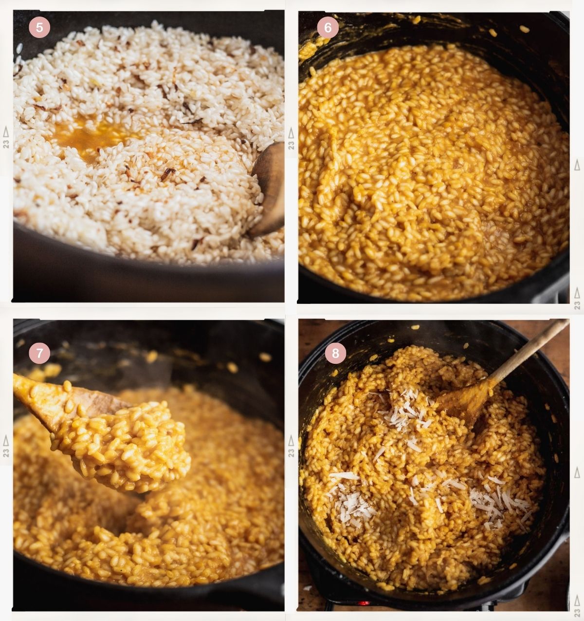 Montage de quatre photos montrant comment faire le risotto végétalien à la citrouille pas à pas