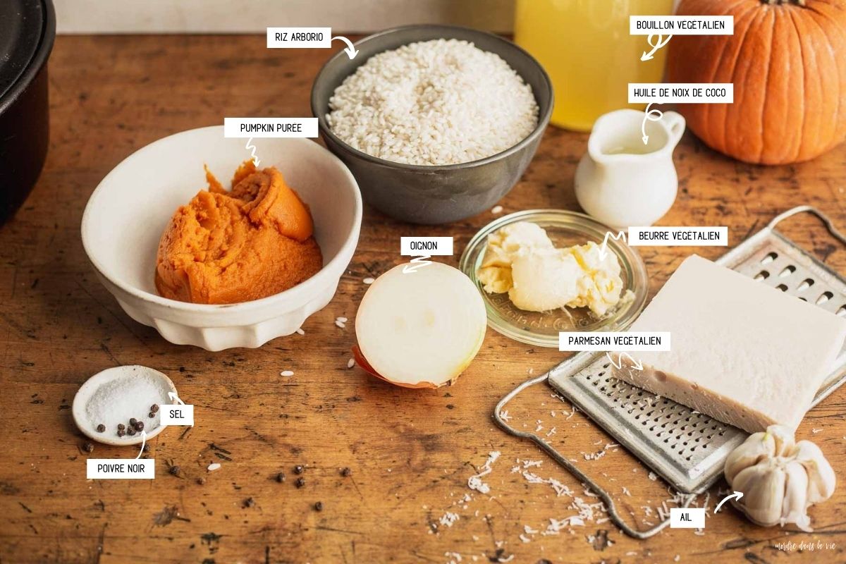 Ingredients for Vegan Pumpkin Risotto spread on a surface.