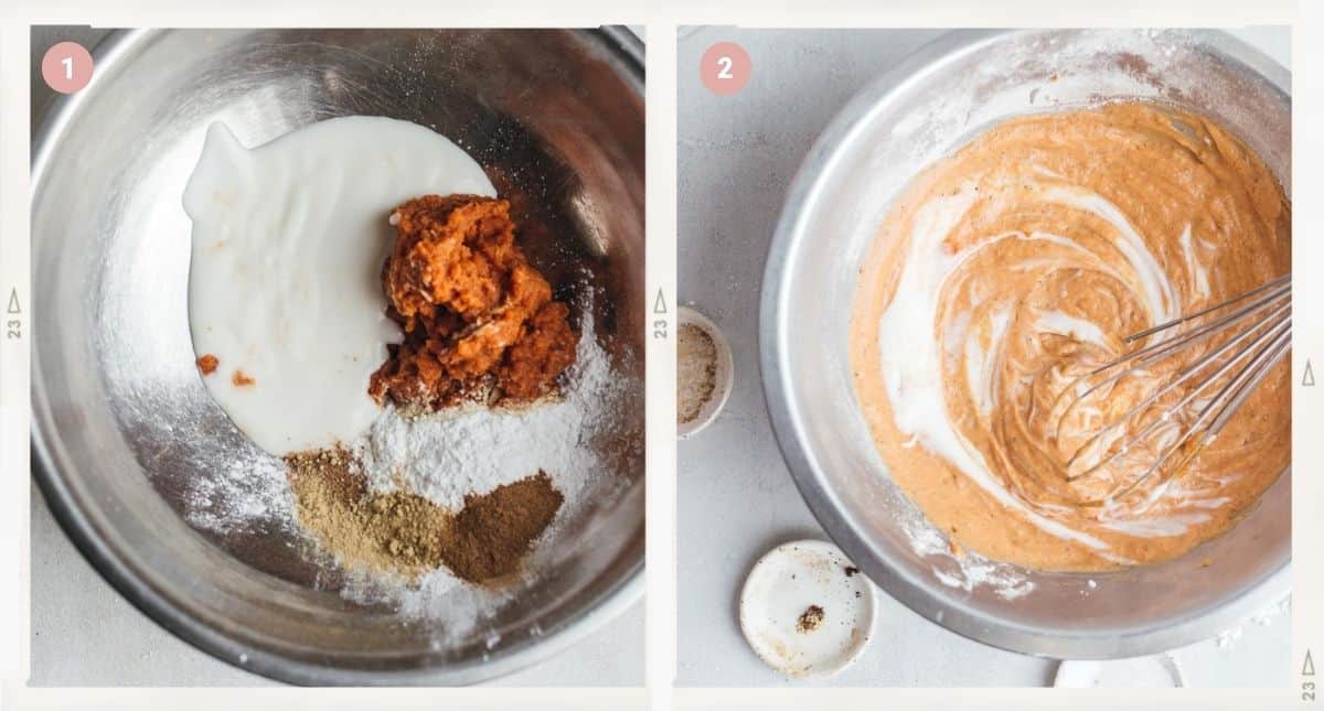 Two-photo collage showing how to make the filling of the pumpkin puree swirl step by step