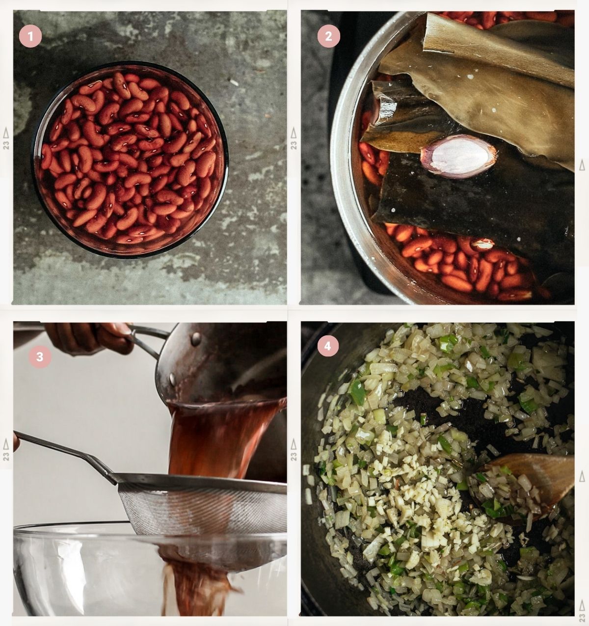 Four-photo collage showing how to soak red beans to make Haitian rice and beans step by step.