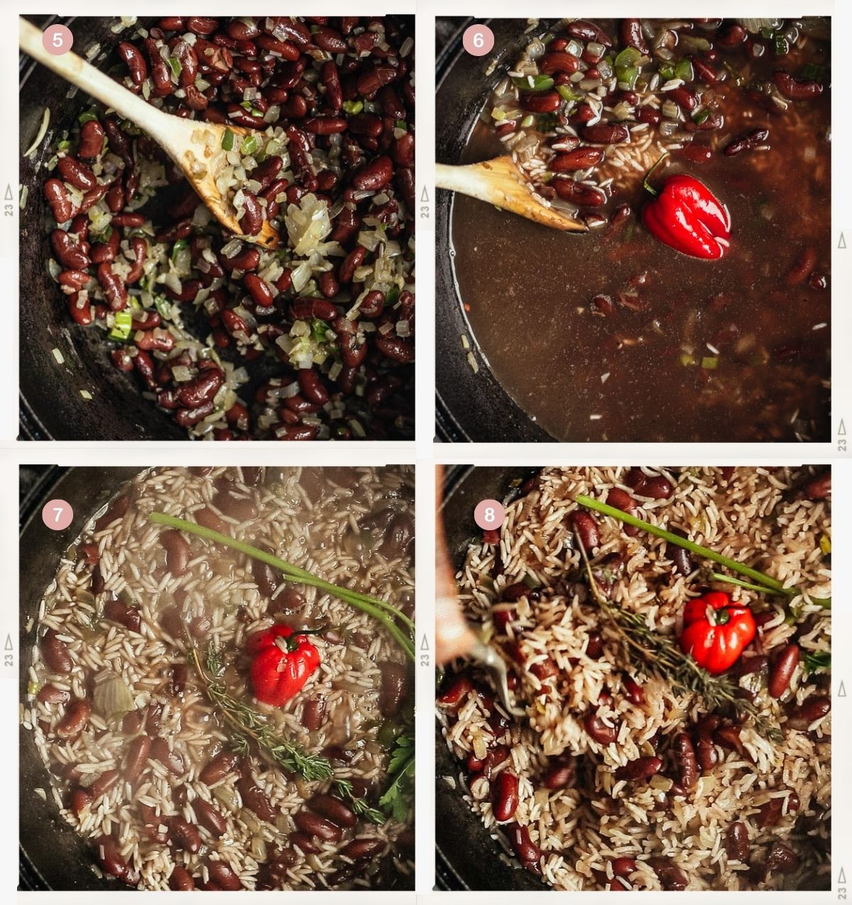 Four-photo collage showing how to make Haitian rice and beans step by step.