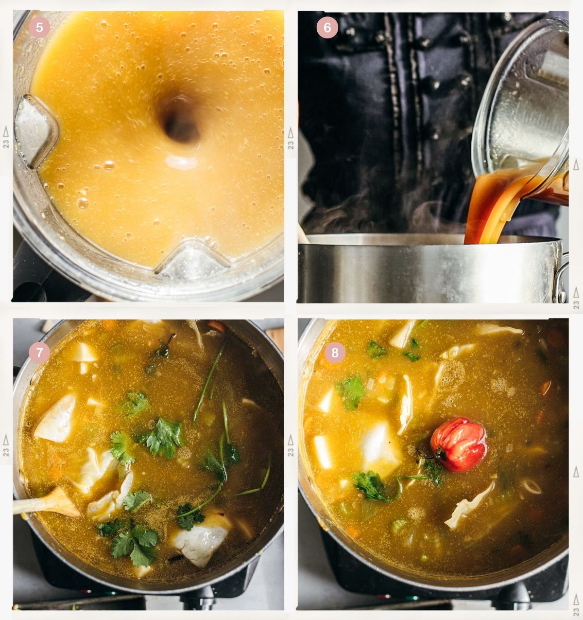 Four-photo collage showing how to make Soup Joumou step by step.