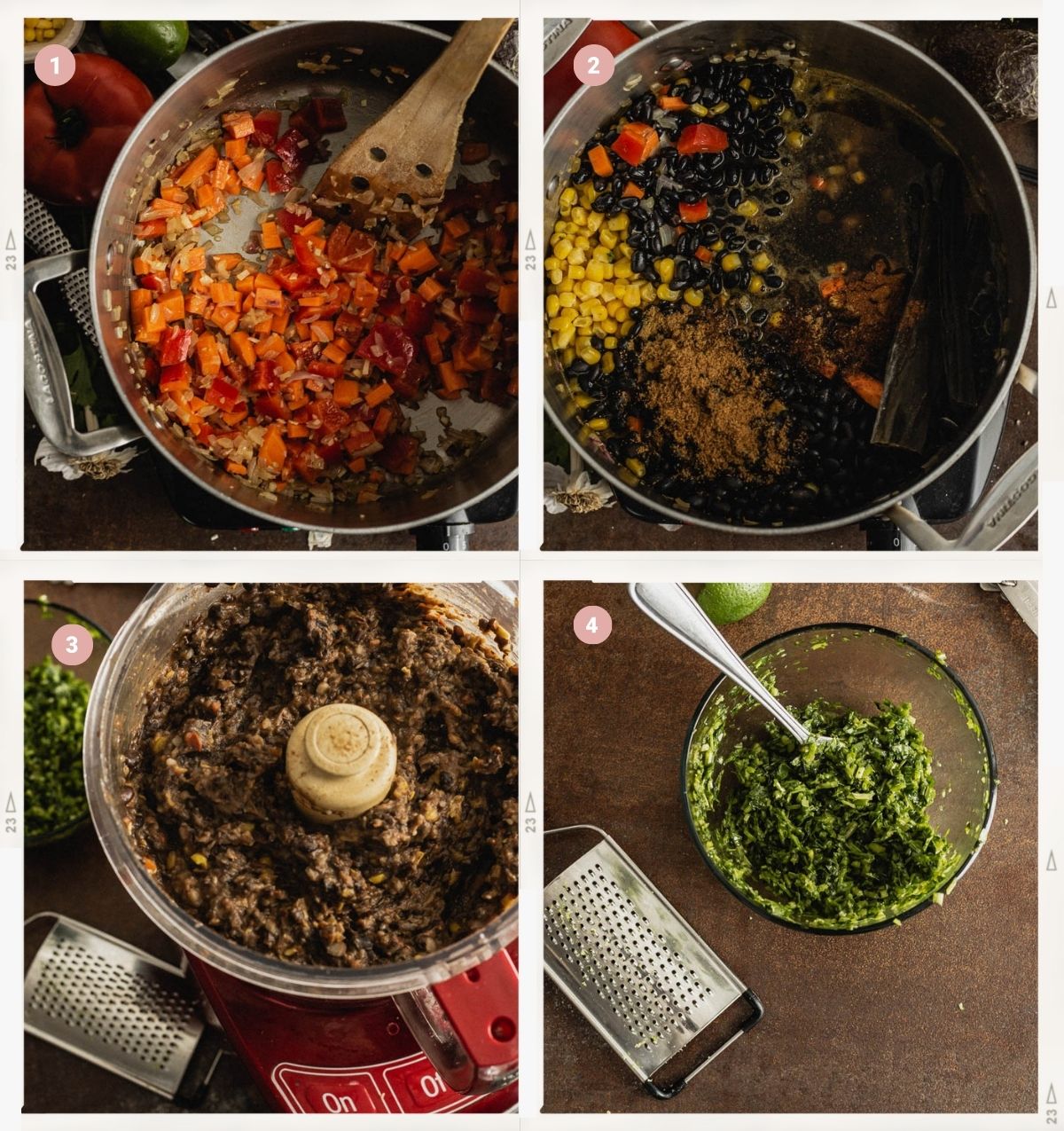 4-photo collage showing how to make black bean soup.