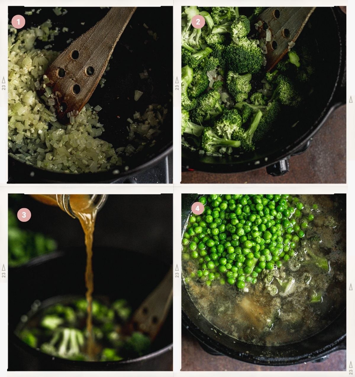 $-photo collage showing how to make broccoli and pea soup.