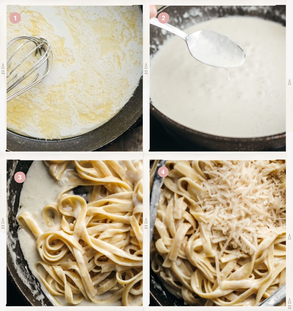 Four-photo collage showing how to make pasta with coconut milk step by step.