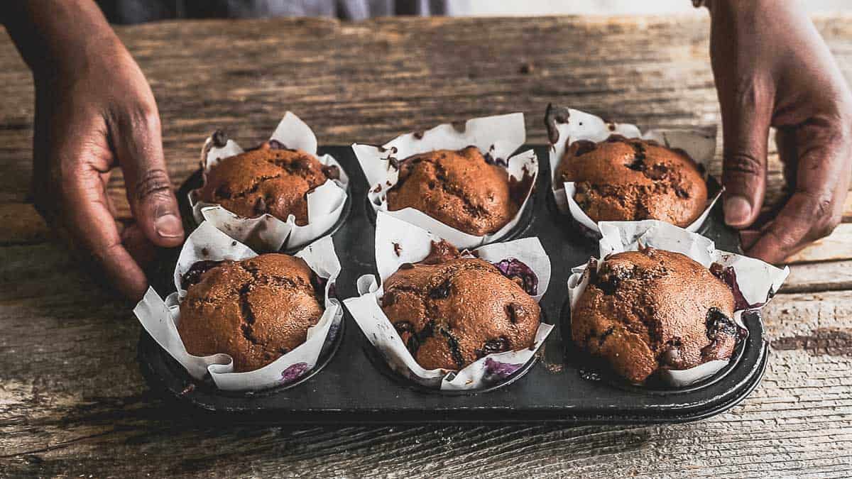 Baked Blueberry Chocolate Chip Muffins in muffin tin