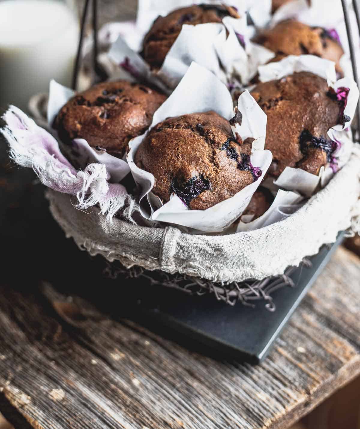 Blueberry chocolate chip muffins in a wire basket.