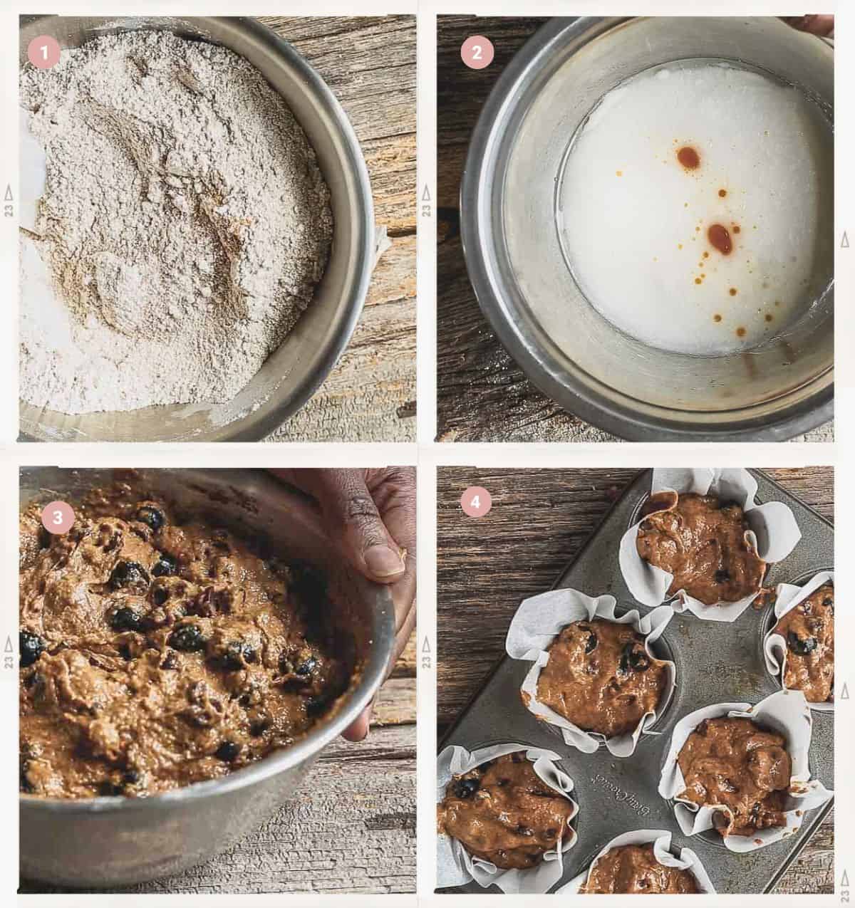 Montage de quatre photos montrant comment faire les muffins aux bleuets et aux pépites de chocolat pas à pas.
