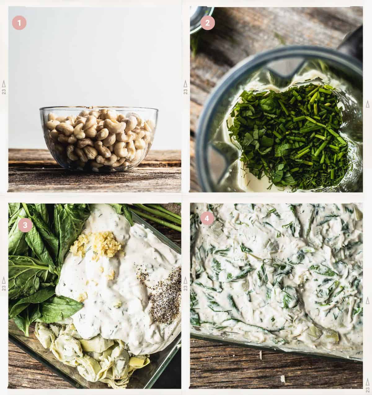 Four-photo montage showing how to make dairy-free vegan spinach artichoke dip step by step.