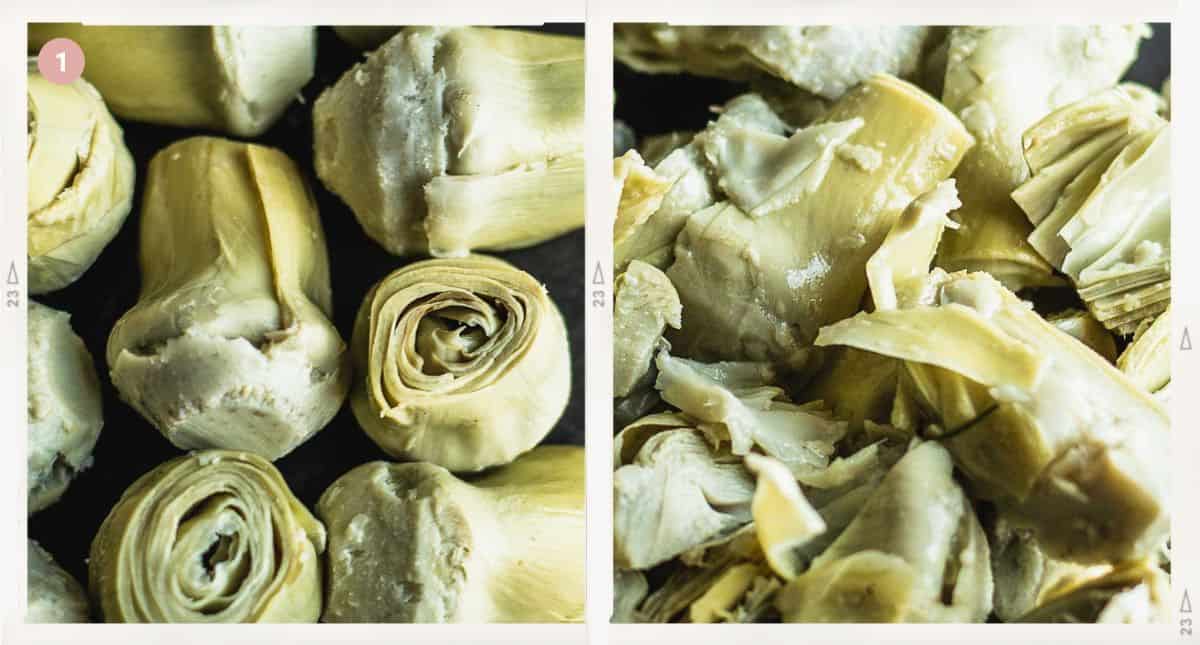 Whole artichokes compared to chopped artichokes.