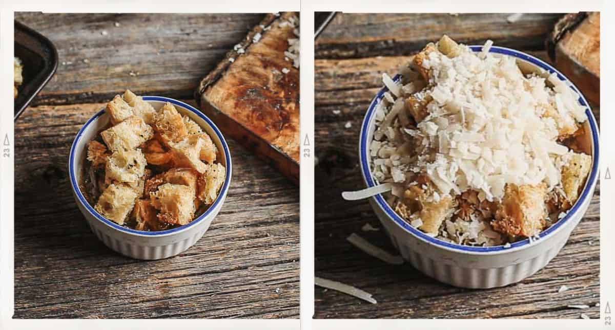 Soup in an oven-safe bowl topped with croutons and grated cheese, before and after.