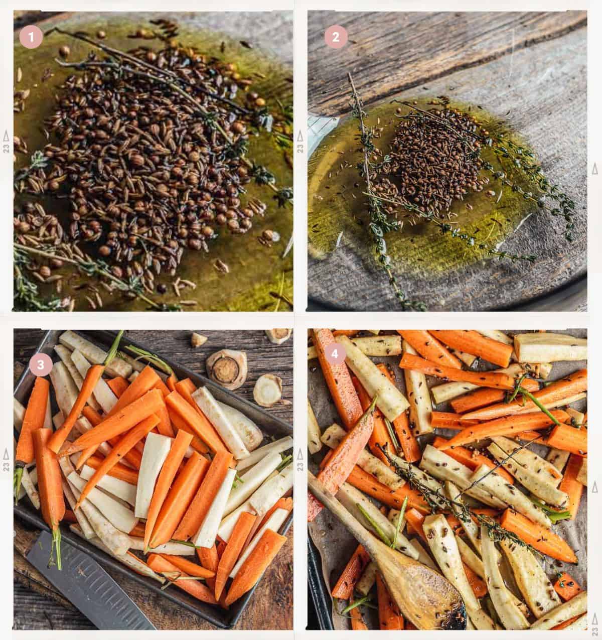 Montage of four photos showing how to make Honey-Roasted Carrots and Parsnips step by step.